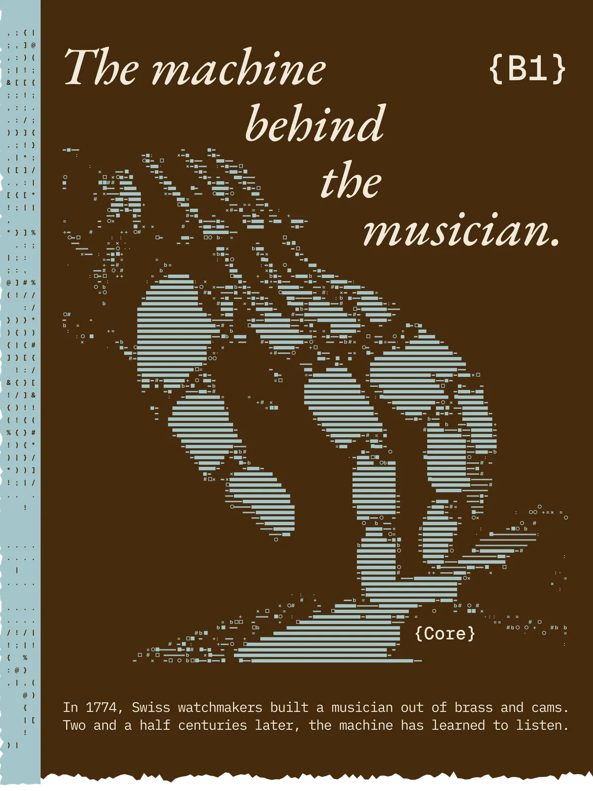 Manifesto in marrone e azzurro pallido intitolato «The machine behind the musician»: una figura disegnata con piccoli segni tipografici e barre orizzontali, che rappresenta una macchina che ascolta.