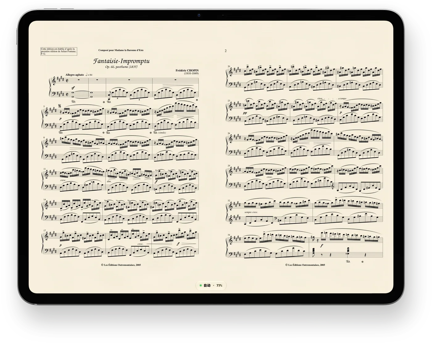 CueFlip on iPad Pro, held landscape: two pages of Chopin’s Fantaisie-Impromptu side by side on warm paper, the status at the foot reading Auto, 77%.