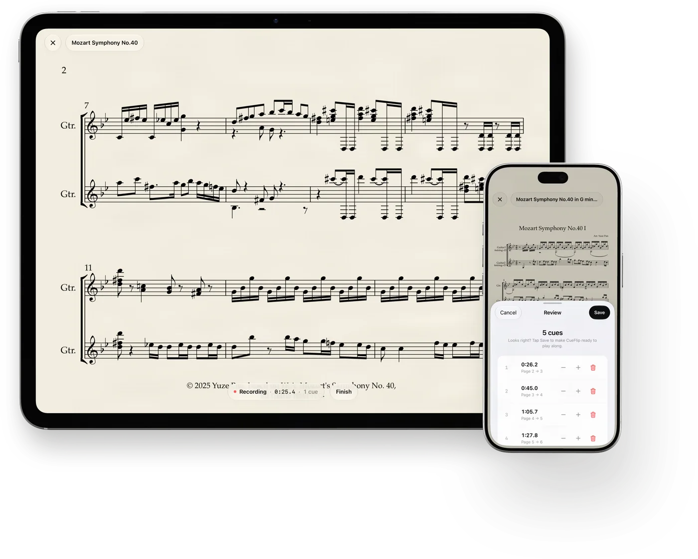 CueFlip on iPad Pro and iPhone together: the iPad is recording a play-through of Mozart’s Symphony No. 40 arranged for two guitars, on page 2 with one page turn marked so far, and the iPhone in front of it shows the review of all five page turns, each with its time and pages.