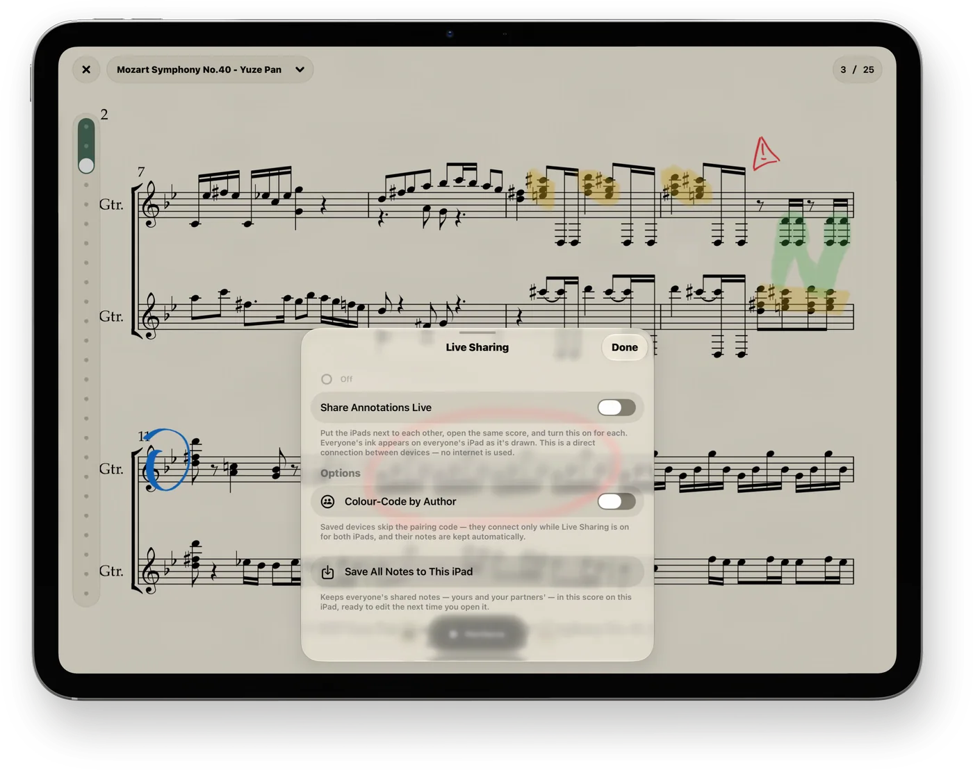 CueFlip on iPad Pro, held landscape, over an annotated page of Mozart’s Symphony No. 40 for two guitars: the Live Sharing sheet, with Share Annotations Live, Colour-Code by Author and Save All Notes to This iPad.