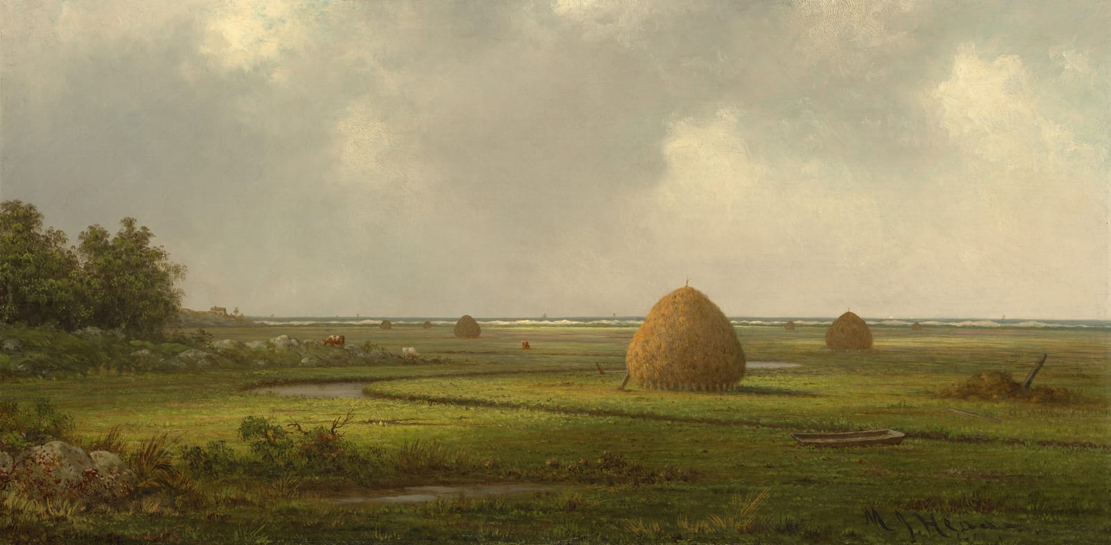 Flat green salt marshes under an overcast sky, with haystacks and a winding creek reaching to a distant horizon.